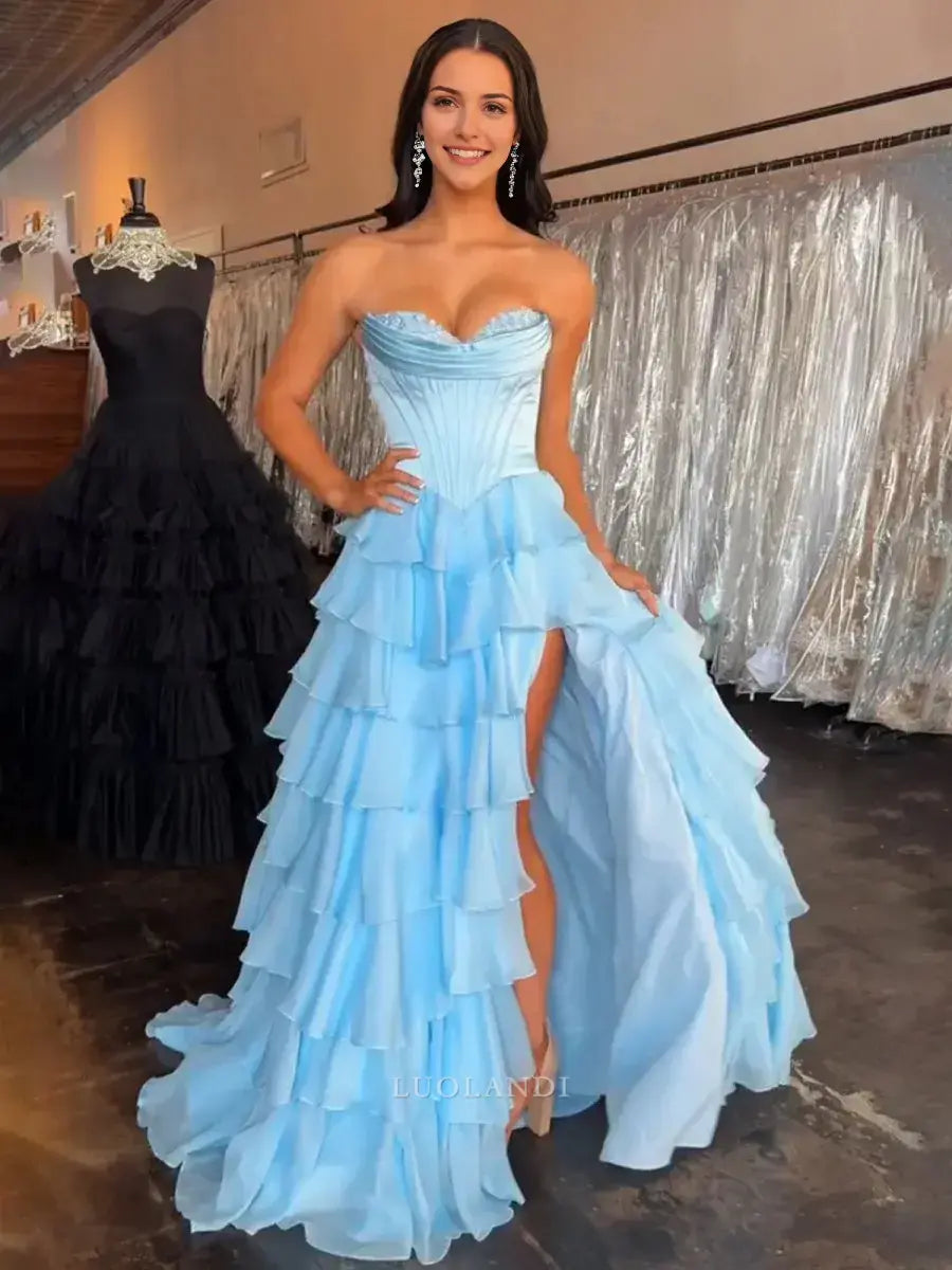 Luolandi Elegant A-Line Sweetheart Strapless Ruffle Layered Long Formal Prom Dress With Slit Elegant Birthday Party Dress Charming Evening Gown