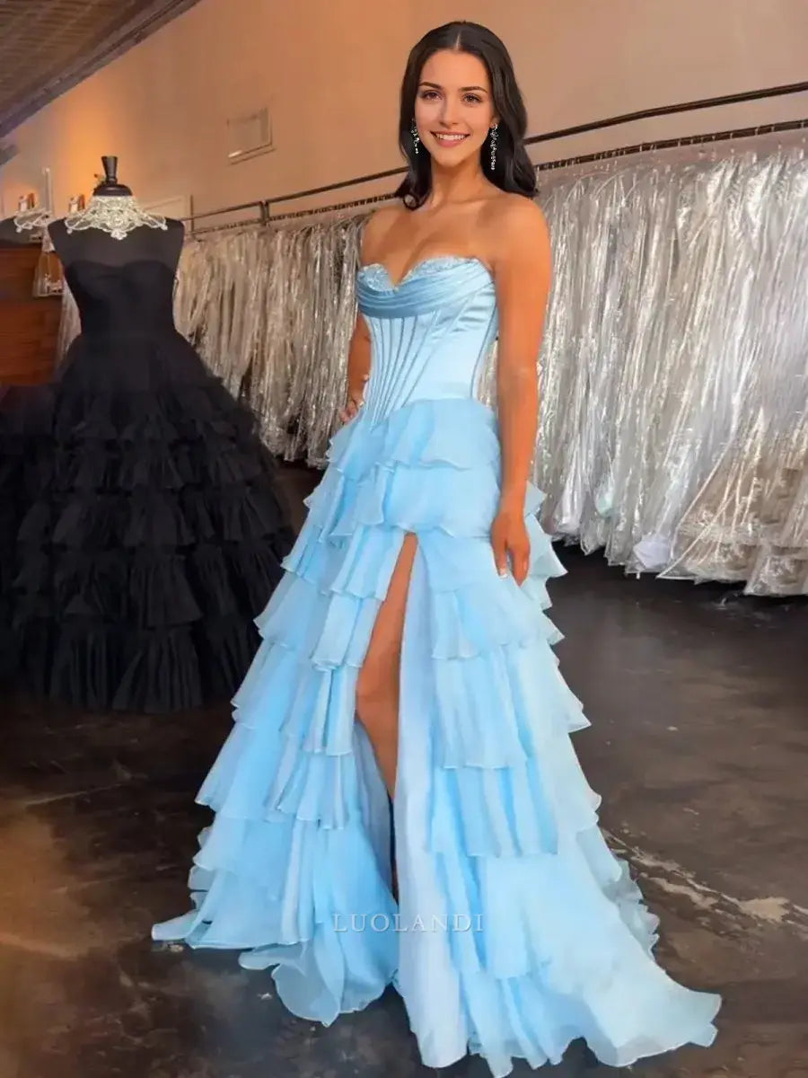Luolandi Elegant A-Line Sweetheart Strapless Ruffle Layered Long Formal Prom Dress With Slit Elegant Birthday Party Dress Charming Evening Gown