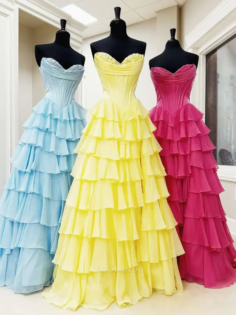 Luolandi Elegant A-Line Sweetheart Strapless Ruffle Layered Long Formal Prom Dress With Slit Elegant Birthday Party Dress Charming Evening Gown
