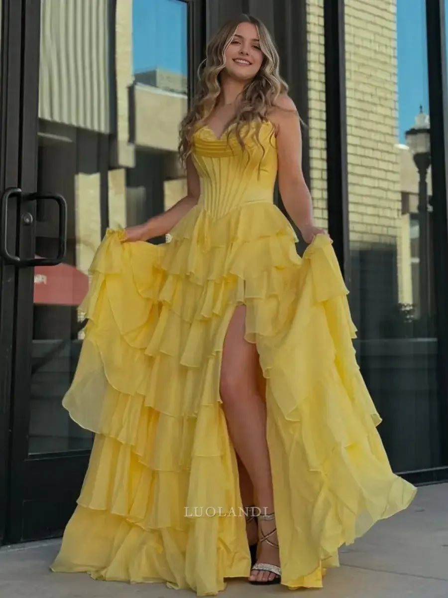 Luolandi Yellow Elegant A-Line Sweetheart Strapless Ruffle Layered Long Formal Prom Dress With Slit Elegant Birthday Party Dress Charming Evening Gown