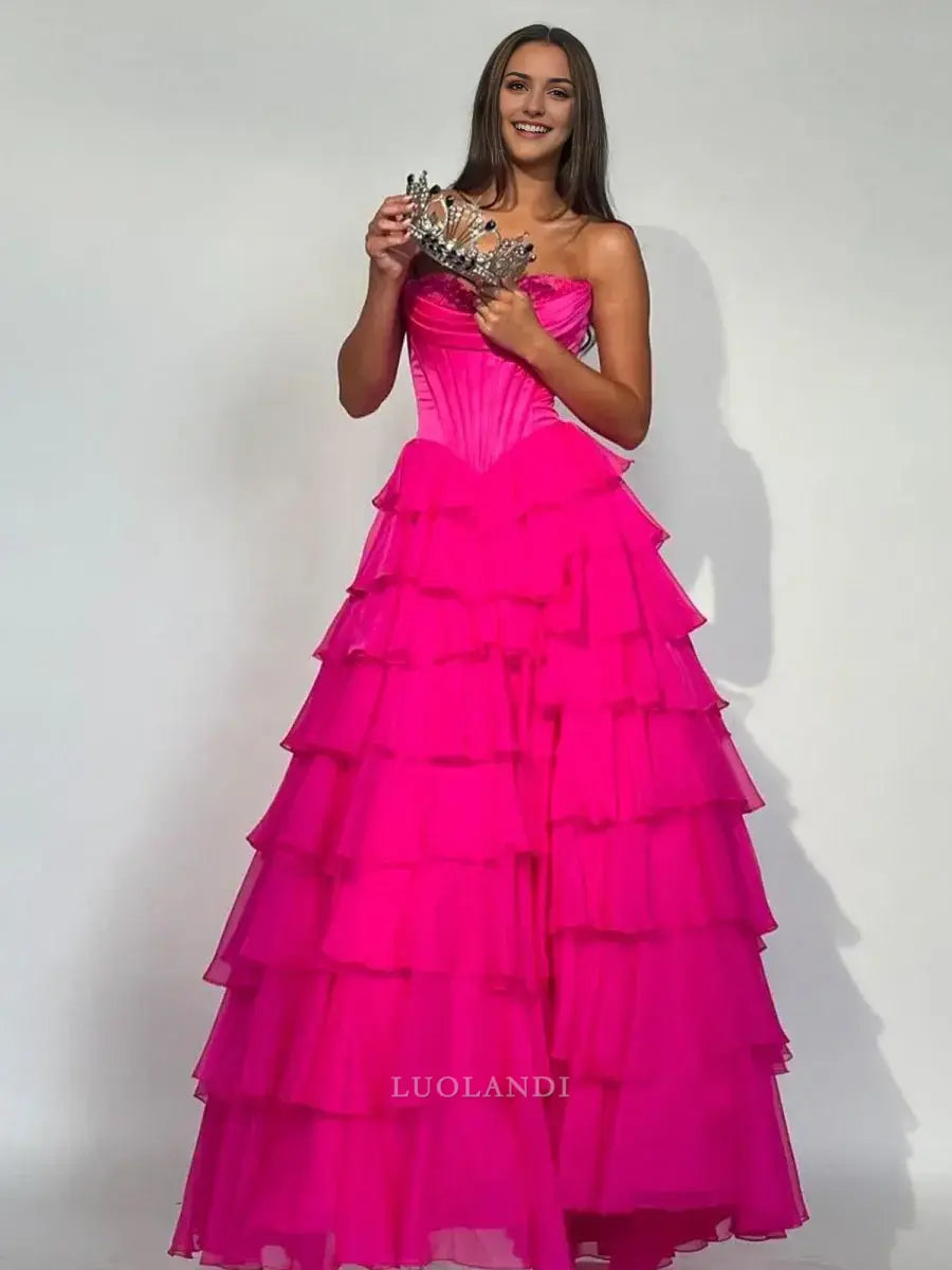 Luolandi Elegant A-Line Sweetheart Strapless Ruffle Layered Long Formal Prom Dress With Slit Elegant Birthday Party Dress Charming Evening Gown