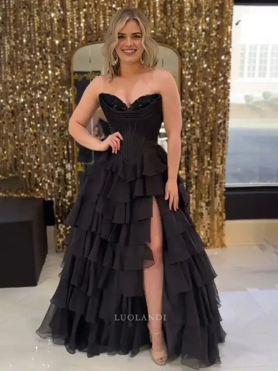 Luolandi Elegant A-Line Sweetheart Strapless Ruffle Layered Long Formal Prom Dress With Slit Elegant Birthday Party Dress Charming Evening Gowns