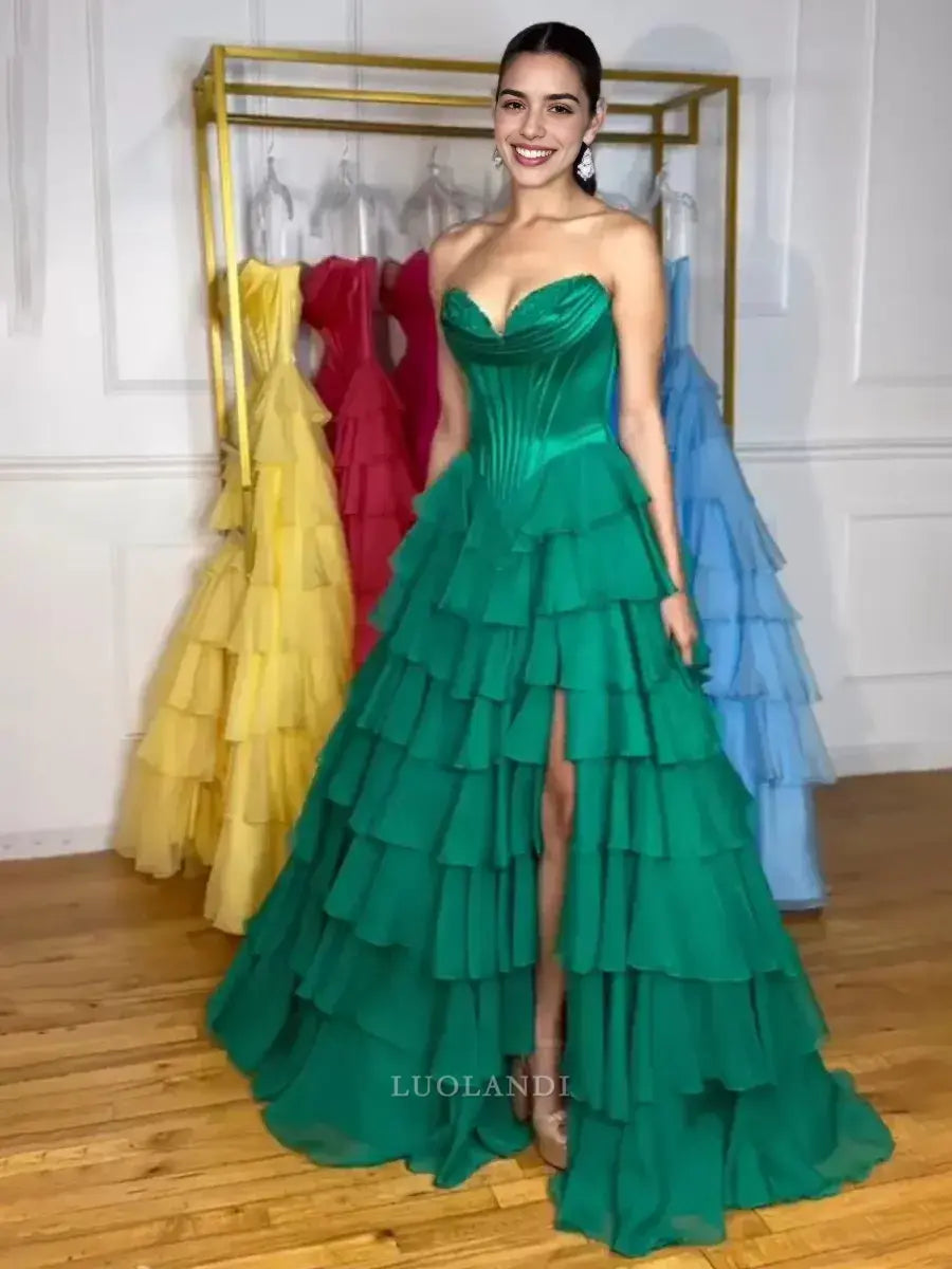 Luolandi Elegant A-Line Sweetheart Strapless Ruffle Layered Long Formal Prom Dress With Slit Elegant Birthday Party Dress Charming Evening Gown