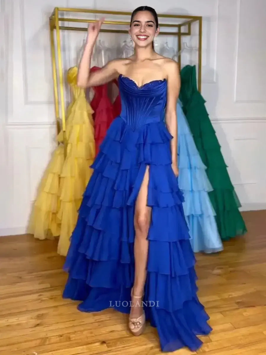 Luolandi Elegant A-Line Sweetheart Strapless Ruffle Layered Long Formal Prom Dress With Slit Elegant Birthday Party Dress Charming Evening Gown