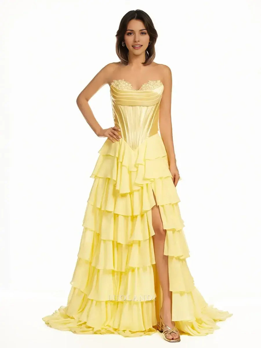 Luolandi Yellow Elegant A-Line Sweetheart Strapless Ruffle Layered Long Formal Prom Dress With Slit Elegant Birthday Party Dress Charming Evening Gown
