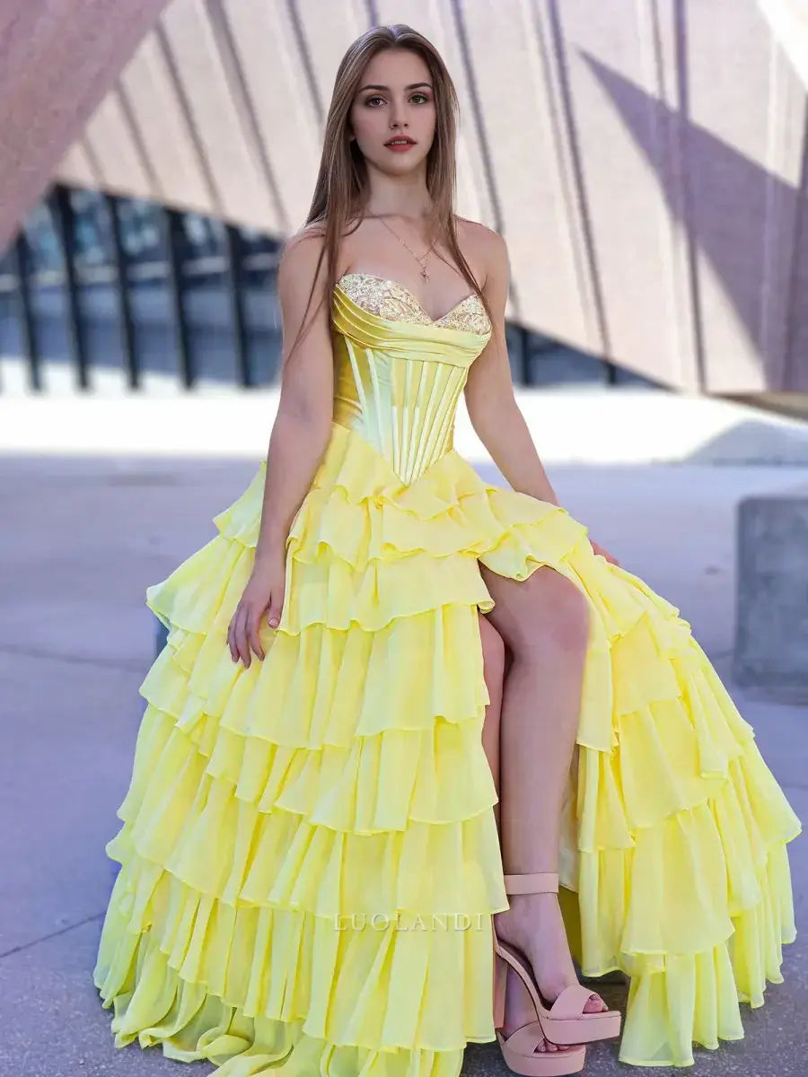 Luolandi Yellow Elegant A-Line Sweetheart Strapless Ruffle Layered Long Formal Prom Dress With Slit Elegant Birthday Party Dress Charming Evening Gown