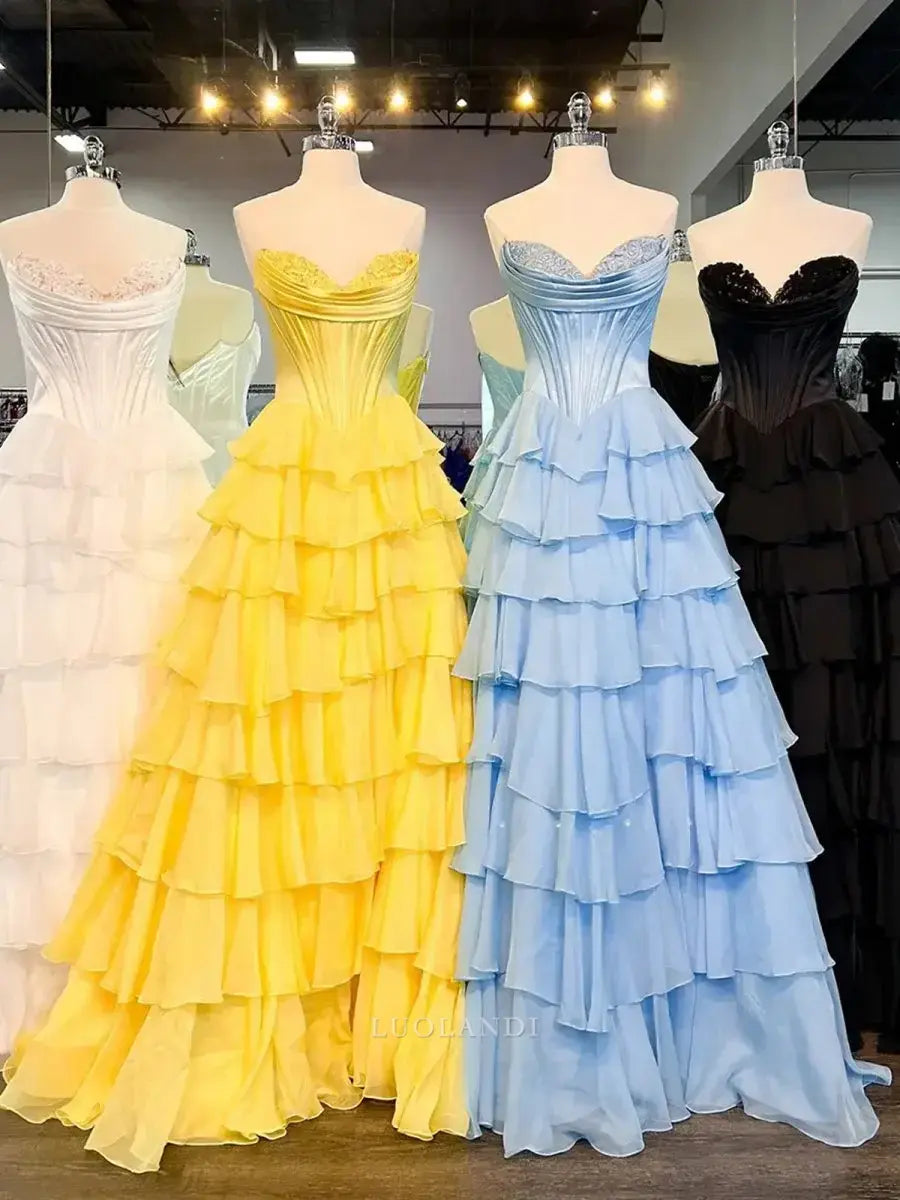 Luolandi Elegant A-Line Sweetheart Strapless Ruffle Layered Long Formal Prom Dress With Slit Elegant Birthday Party Dress Charming Evening Gowns