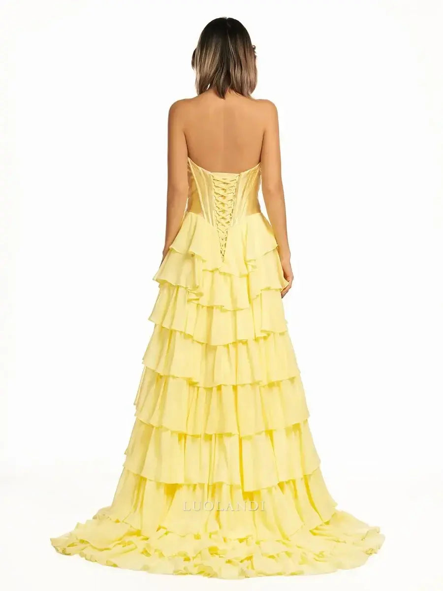 Luolandi Yellow Elegant A-Line Sweetheart Strapless Ruffle Layered Long Formal Prom Dress With Slit Elegant Birthday Party Dress Charming Evening Gown