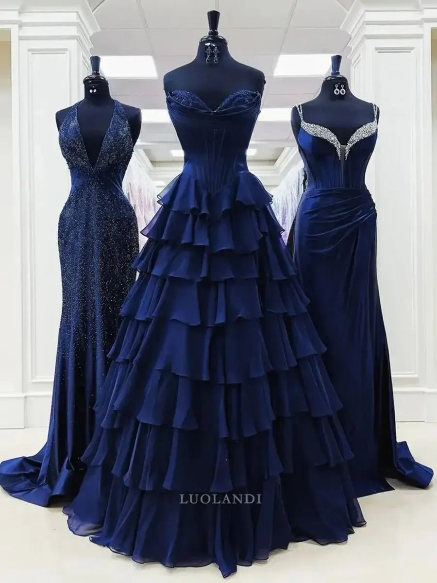 Luolandi Elegant A-Line Sweetheart Strapless Ruffle Layered Long Formal Prom Dress With Slit Elegant Birthday Party Dress Charming Evening Gowns