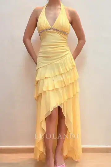 Luolandi Elegant A-Line V-Neck Halter Ruffled Sleeveless Prom Dress Charming Evening Party Dress