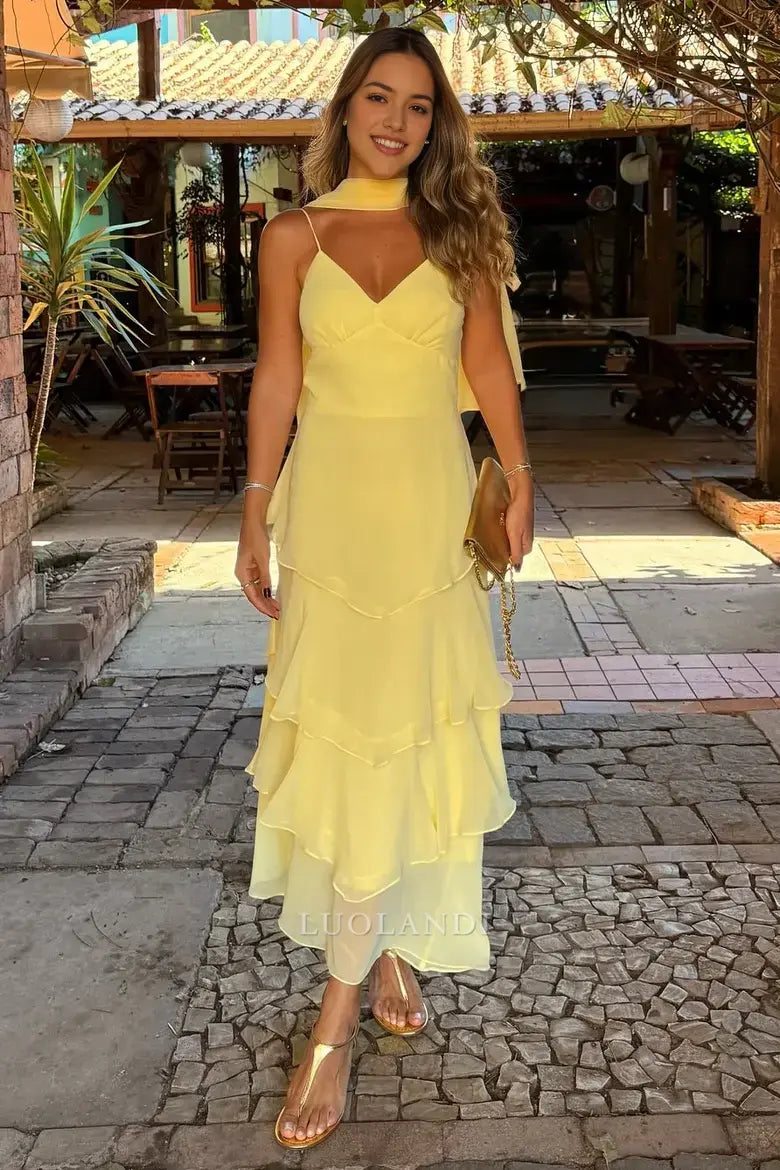 Luolandi Elegant A-Line V-Neck Spaghetti Straps Tiered Long Prom Dress Chic Evening Party Dress