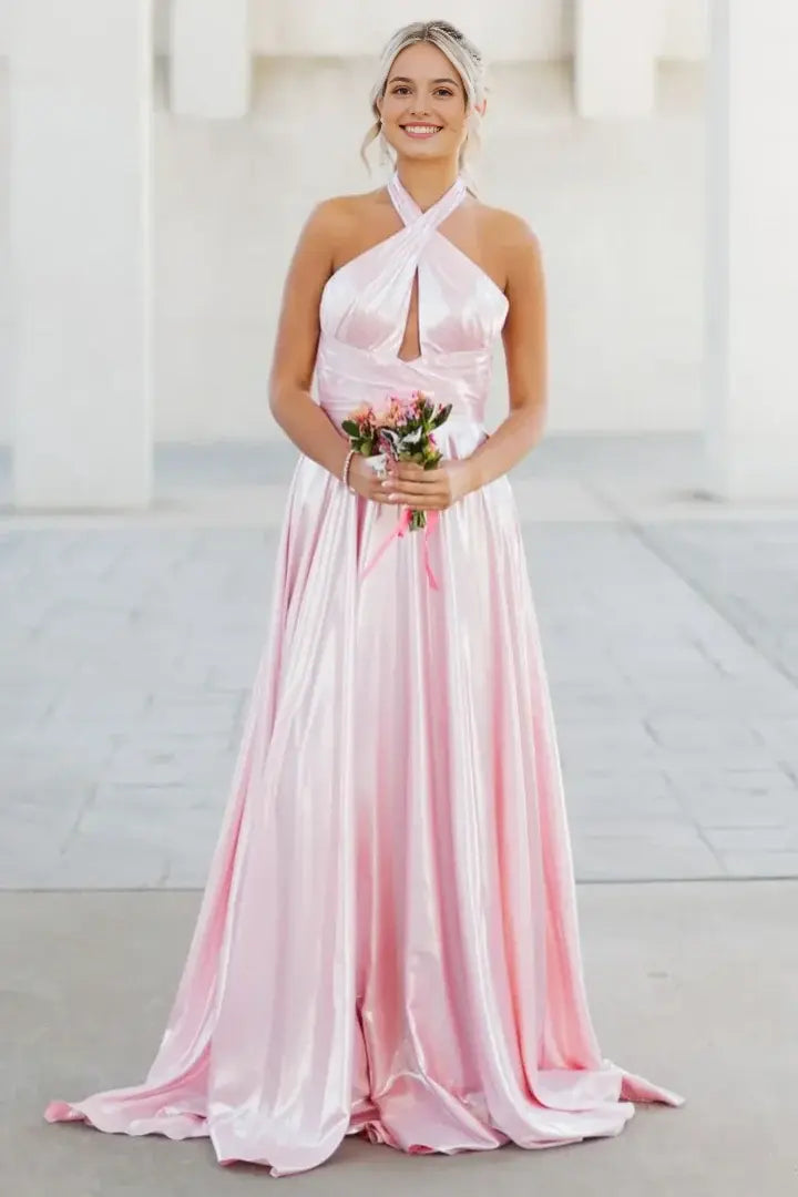 Luolandi Elegant A-line Halter Satin Long Formal Prom Dress Cute Sleeveless Party Graduation Dress