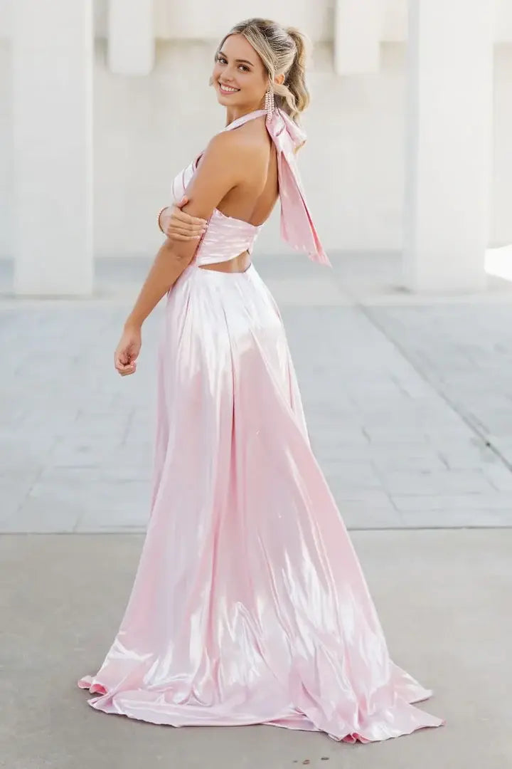 Luolandi Elegant A-line Halter Satin Long Formal Prom Dress Cute Sleeveless Party Graduation Dress