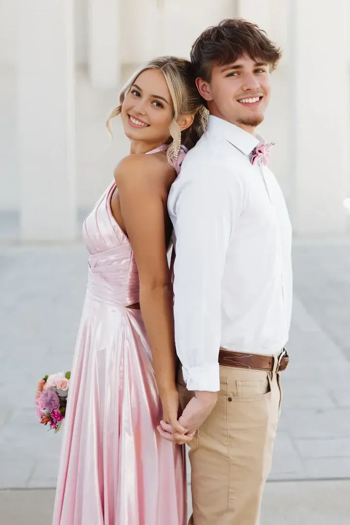 Luolandi Elegant A-line Halter Satin Long Formal Prom Dress Cute Sleeveless Party Graduation Dress