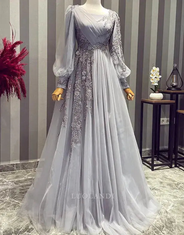 Luolandi Elegant A-line Long Sleeves Formal Prom Dress Charming Evening Party Gown Wedding Guest Dress with Appliques