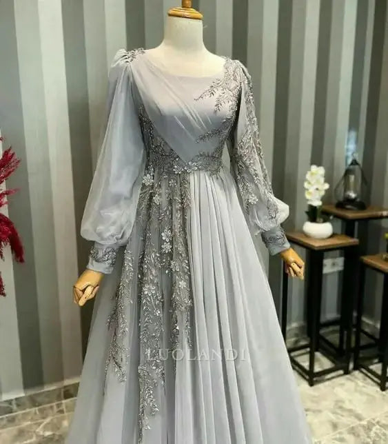 Luolandi Elegant A-line Long Sleeves Formal Prom Dress Charming Evening Party Gown Wedding Guest Dress with Appliques