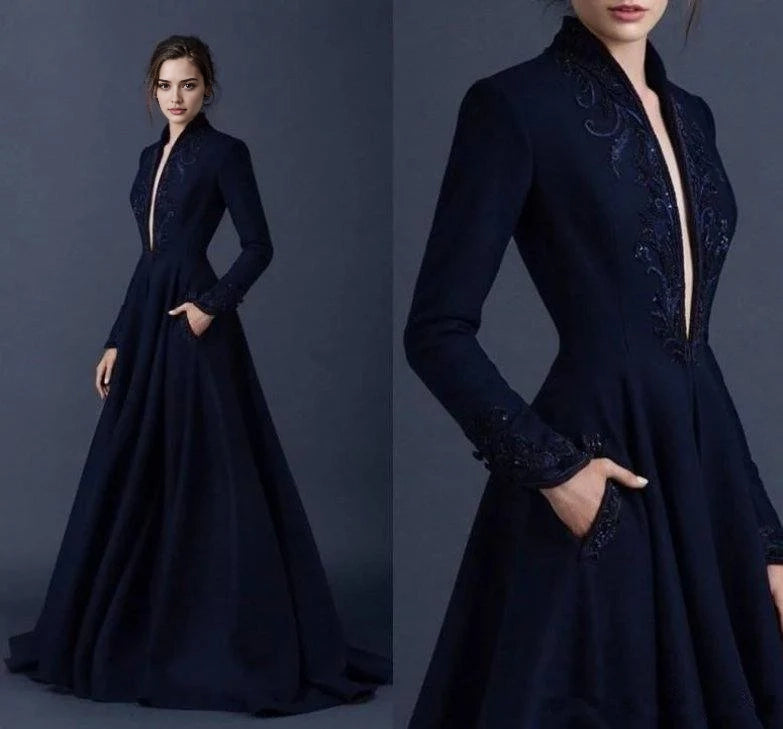 Luolandi Elegant A-line Long Sleeves Formal Prom Dress Chic Party Evening Gown with Appliques