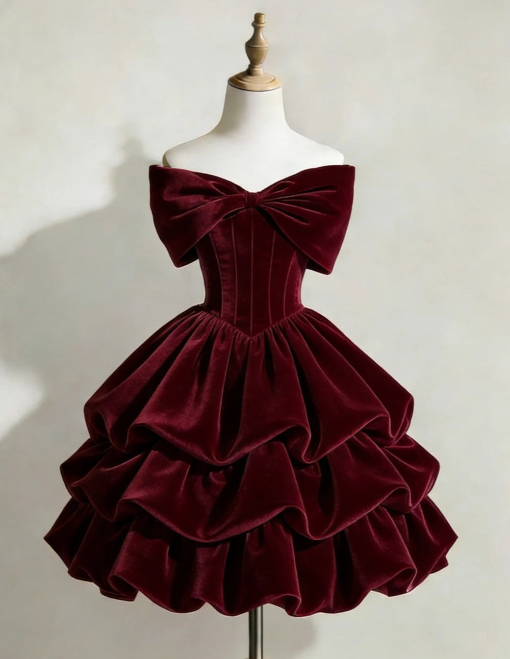 Luolandi Elegant A-line Off Shoulder Tiered Short Party Prom Dress Cute Bow Homecoming Dress