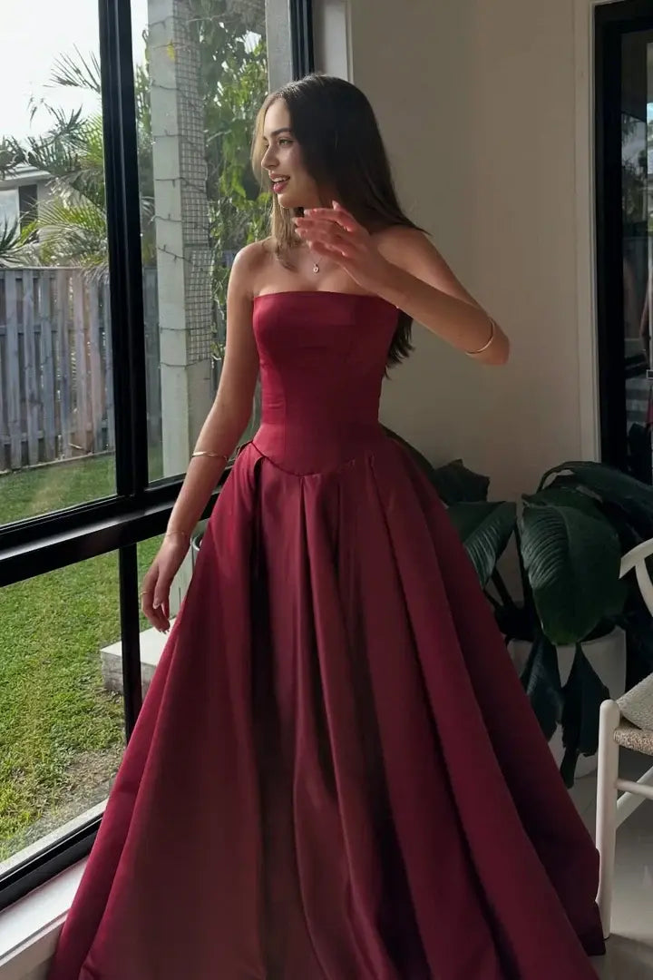 Luolandi Elegant A-line Strapless Long Formal Prom Dress Classy Sleeveless Evening Party Dress