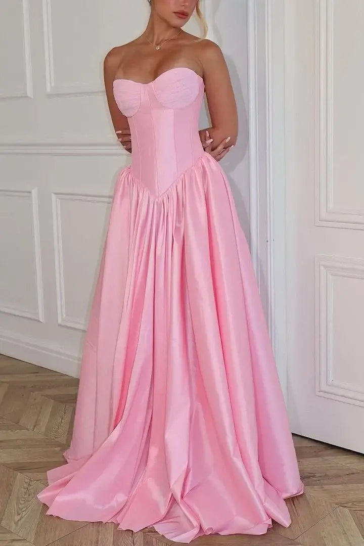 Luolandi Elegant A-line Strapless Pleated Satin Long Formal Prom Dress Cute Sleeveless Party Graduation Dress