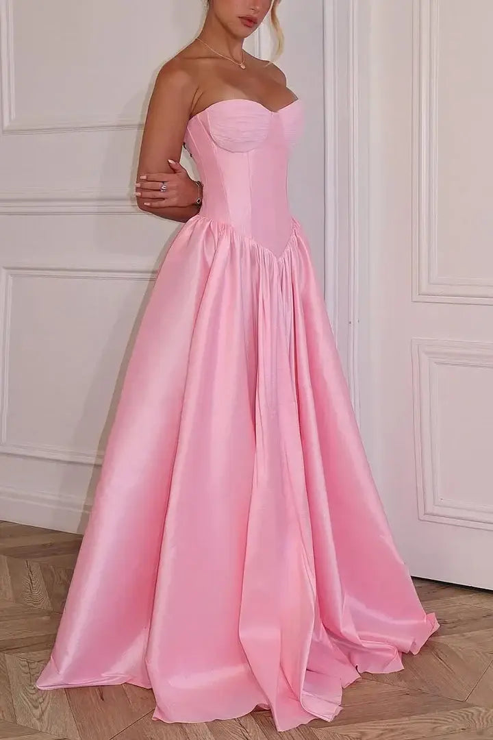 Luolandi Elegant A-line Strapless Pleated Satin Long Formal Prom Dress Cute Sleeveless Party Graduation Dress