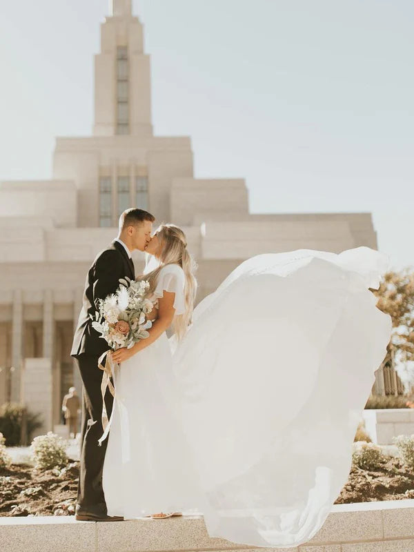 Luolandi Elegant A-line V-neck Sweep Train Bridal Gown with sleeves Simple Wedding Dresses Solid Color