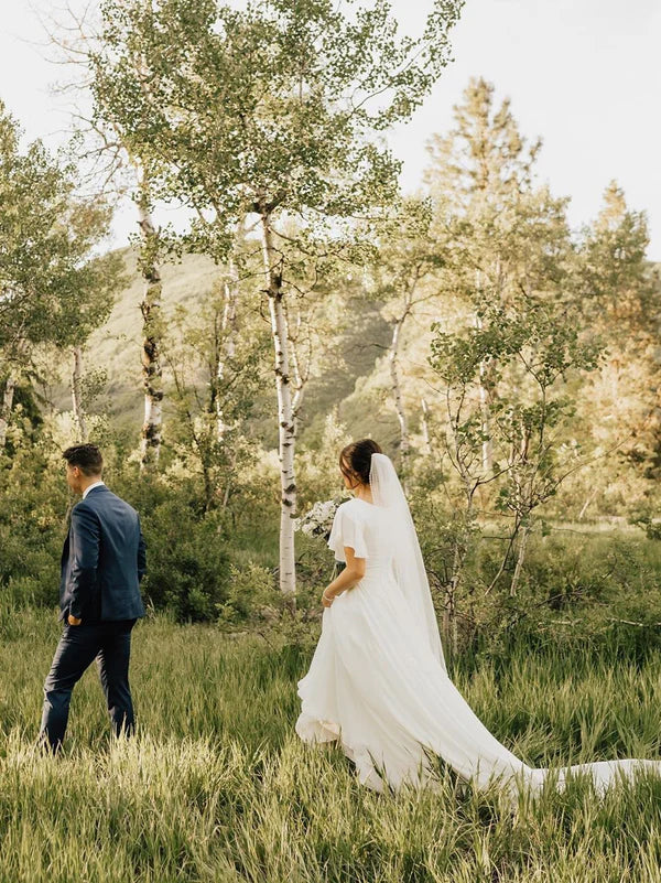 Luolandi Elegant A-line V-neck Sweep Train Bridal Gown with sleeves Simple Wedding Dresses Solid Color