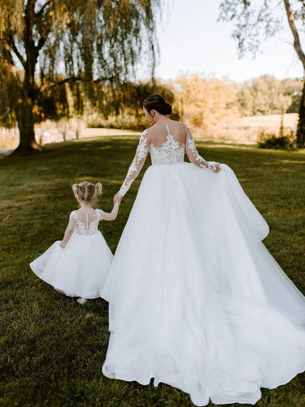 Luolandi Elegant A Line Long Sleeves Appliques Ball Gown Wedding Dresses Tulle Beautiful Bridal Gowns