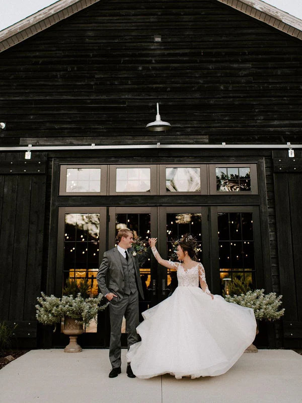 Luolandi Elegant A Line Long Sleeves Appliques Ball Gown Wedding Dresses Tulle Beautiful Bridal Gowns