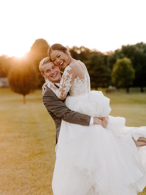 Luolandi Elegant A Line Long Sleeves Appliques Ball Gown Wedding Dresses Tulle Beautiful Bridal Gowns