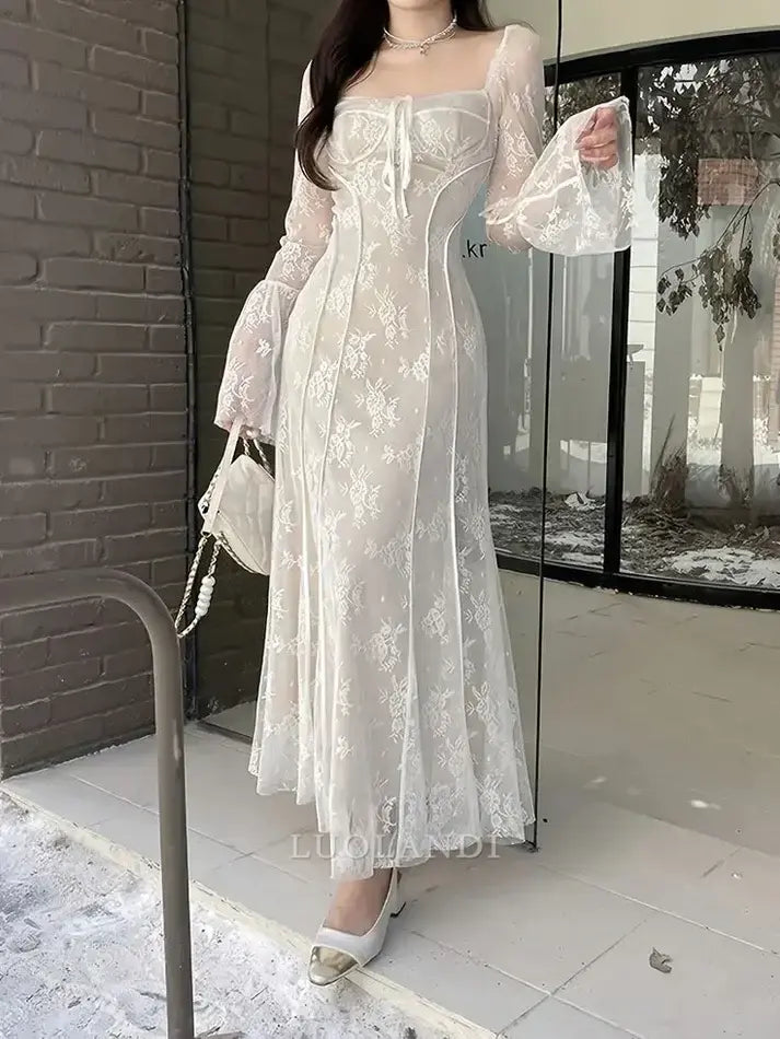 Luolandi Elegant A Line Long Sleeves Formal Prom Dress Lace Charming Evening Party Gowns Romantic Wedding Dress
