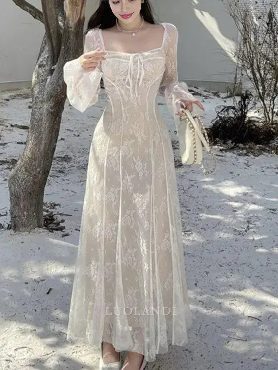 Luolandi Elegant A Line Long Sleeves Formal Prom Dress Lace Charming Evening Party Gowns Romantic Wedding Dress