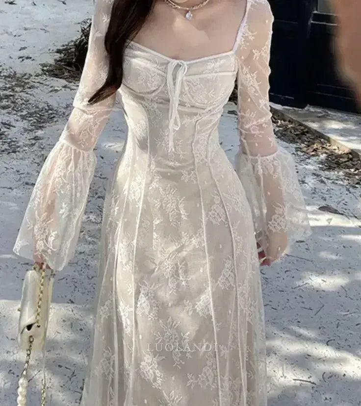 Luolandi Elegant A Line Long Sleeves Formal Prom Dress Lace Charming Evening Party Gowns Romantic Wedding Dress