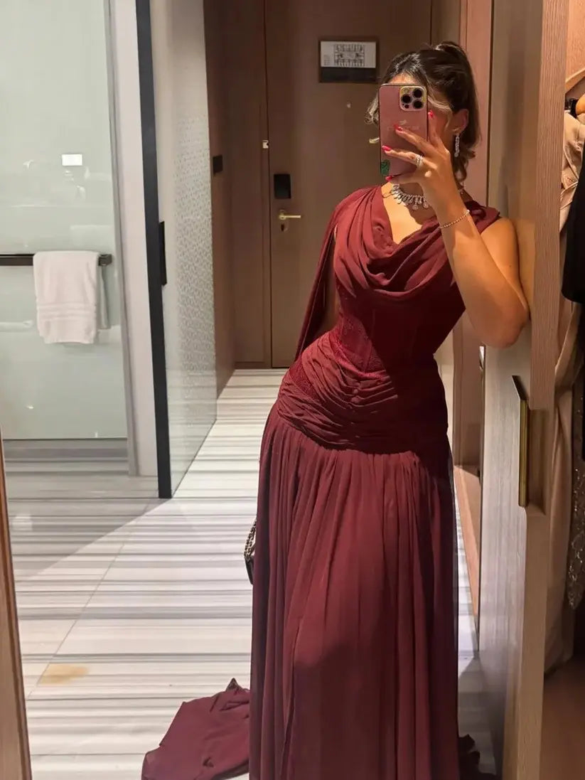 Luolandi Elegant A Line Ruched Long Formal Prom Dress Romantic Party Evening Gowns for Women