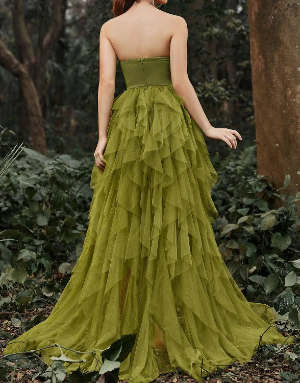 Luolandi Elegant A Line Ruffle Layered Prom Dress Charming Evening Party Dress With Slit