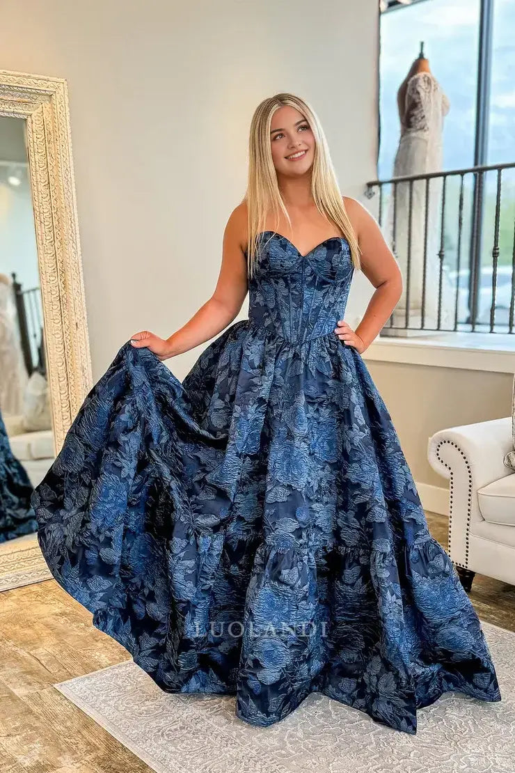 Luolandi Elegant A Line Sweetheart Strapless Sleeveless Blue Long Formal Prom Dresses Gorgeous Party Evening Gowns Charming Graduation Dress