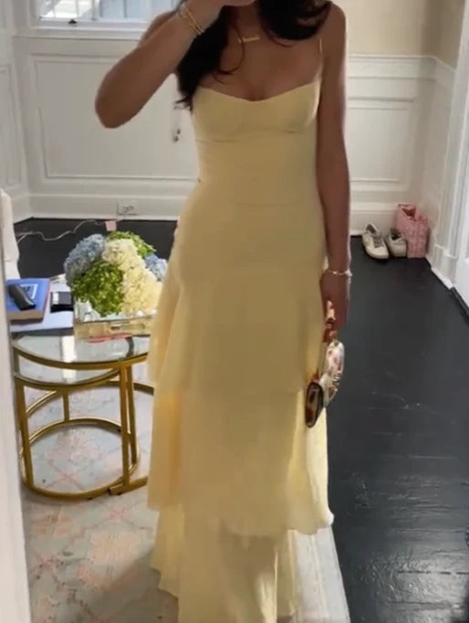 Luolandi Elegant A Line Spaghetti Straps Sleeveless Layered Long Formal Prom Dresses Lovely Party Evening Gowns Cute Graduation Dress