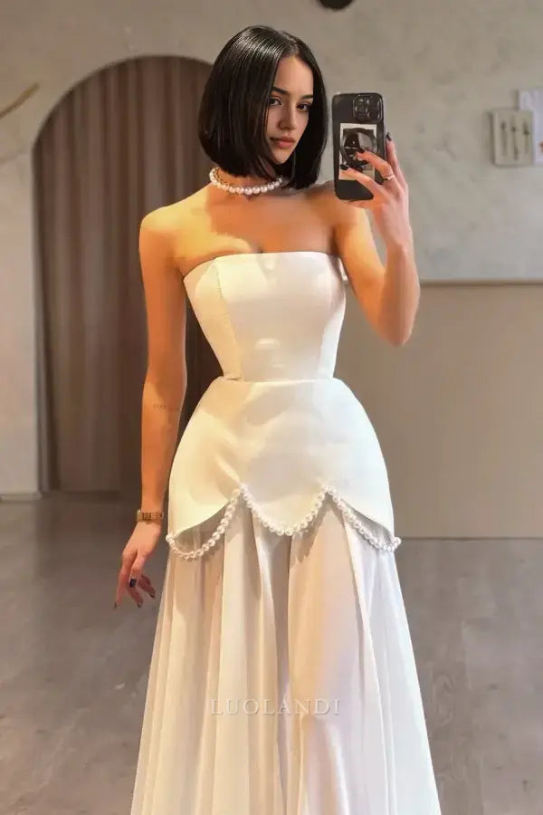 Luolandi Elegant A Line Strapless Long Formal Prom Dress Chic Sleeveless Party Evening Gowns Charming Wedding Dress
