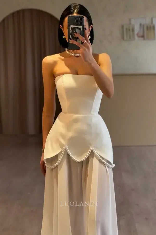 Luolandi Elegant A Line Strapless Long Formal Prom Dress Chic Sleeveless Party Evening Gowns Charming Wedding Dress