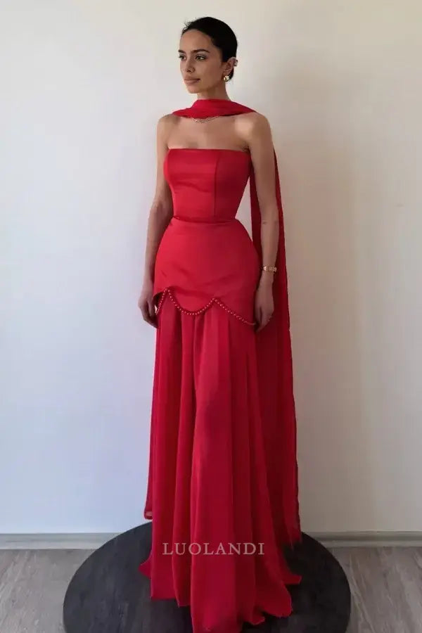Luolandi Elegant A Line Strapless Long Formal Prom Dress Chic Sleeveless Party Evening Gowns Charming Wedding Guest Dress