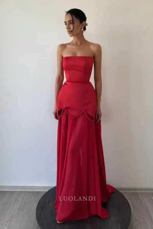 Luolandi Elegant A Line Strapless Long Formal Prom Dress Chic Sleeveless Party Evening Gowns Charming Wedding Guest Dress