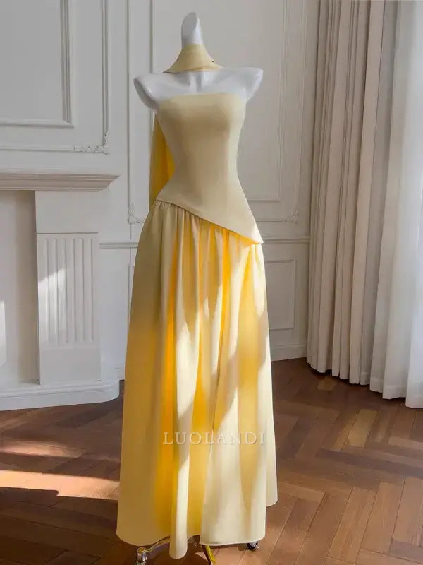 Luolandi Elegant A Line Strapless Long Formal Prom Dress Sleeveless Charming Party Evening Gowns Pretty Birthday Outfits Yellow Graduation Dress