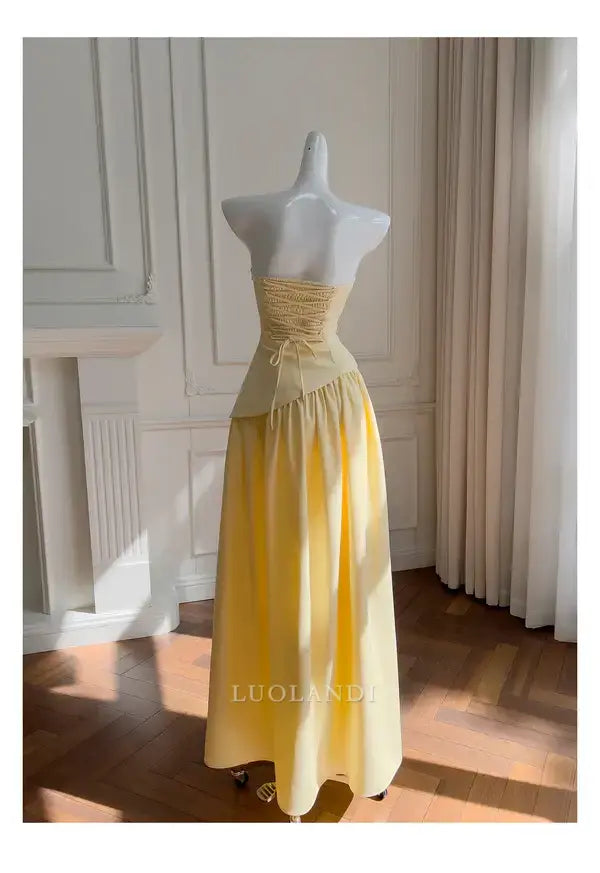 Luolandi Elegant A Line Strapless Long Formal Prom Dress Sleeveless Charming Party Evening Gowns Pretty Birthday Outfits Yellow Graduation Dress