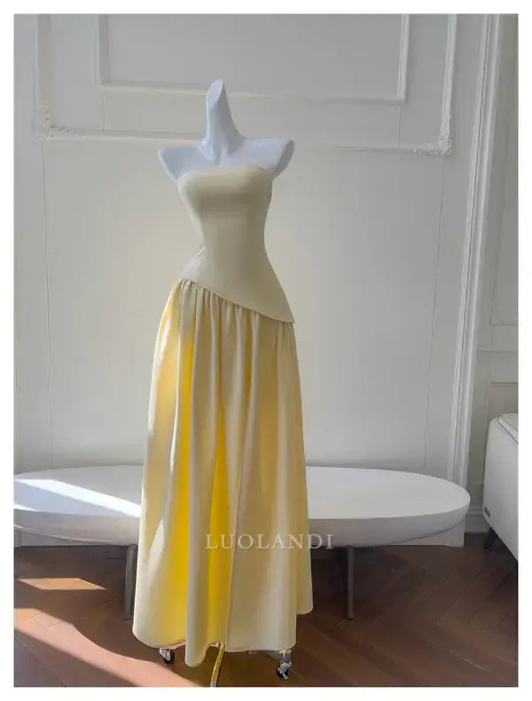 Luolandi Elegant A Line Strapless Long Formal Prom Dress Sleeveless Charming Party Evening Gowns Pretty Birthday Outfits Yellow Graduation Dress