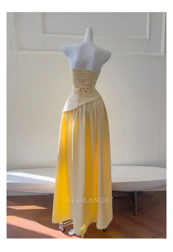 Luolandi Elegant A Line Strapless Long Formal Prom Dress Sleeveless Charming Party Evening Gowns Pretty Birthday Outfits Yellow Graduation Dress