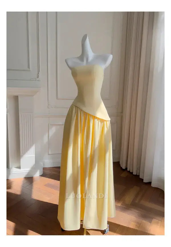 Luolandi Elegant A Line Strapless Long Formal Prom Dress Sleeveless Charming Party Evening Gowns Pretty Birthday Outfits Yellow Graduation Dress