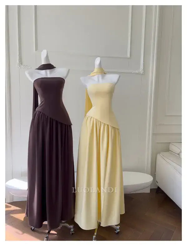 Luolandi Elegant A Line Strapless Long Formal Prom Dress Sleeveless Charming Party Evening Gowns Pretty Birthday Outfits Graduation Dress