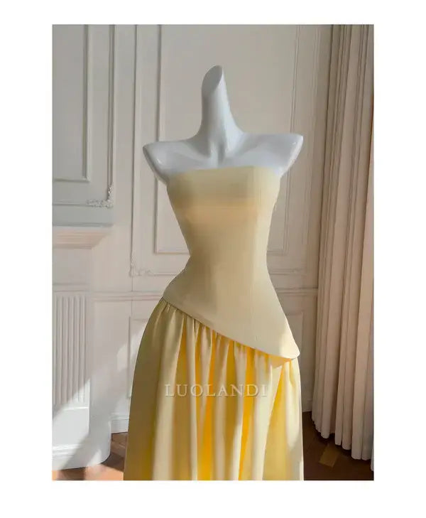 Luolandi Elegant A Line Strapless Long Formal Prom Dress Sleeveless Charming Party Evening Gowns Pretty Birthday Outfits Yellow Graduation Dress