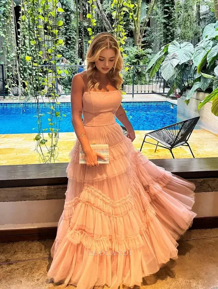 Luolandi Elegant A Line Strapless Long Formal Prom Dress Sweet Evening Party Gowns Charming Graduation Dress