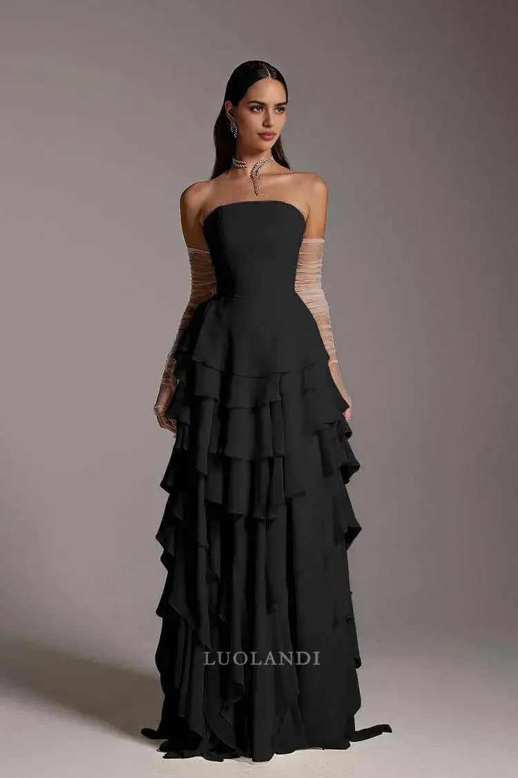 Luolandi Elegant A Line Strapless Layered Long Formal Prom Dress Chic Evening Gowns Charming Wedding Guest Party Dress No With Gloves
